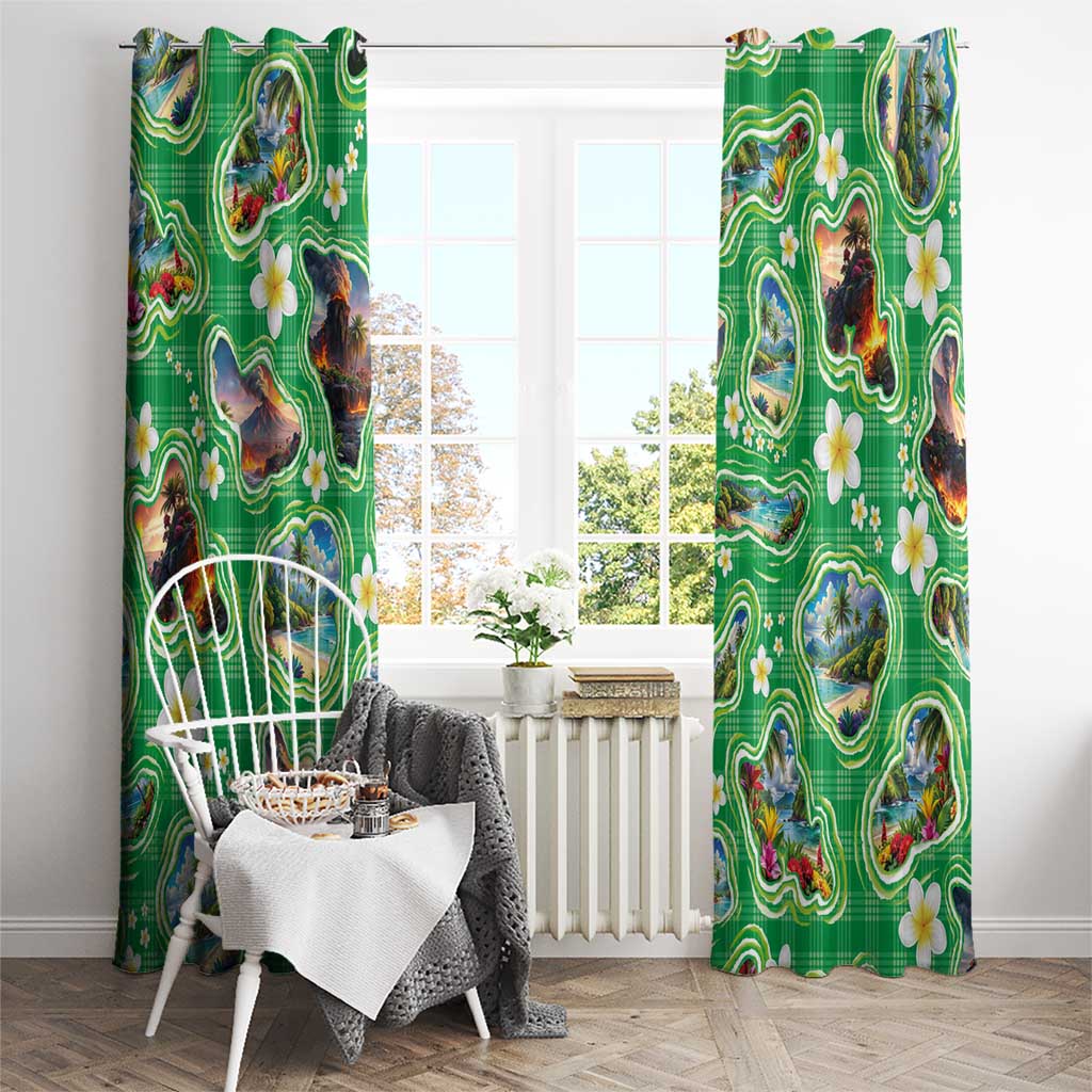 Hawaii Map with Plumeria Flower and Palaka Pattern Window Curtain Tropical Island Green Design LT03 - Polynesian Pride
