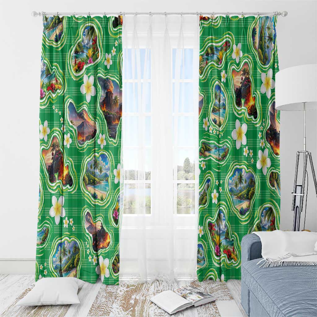 Hawaii Map with Plumeria Flower and Palaka Pattern Window Curtain Tropical Island Green Design LT03 - Polynesian Pride