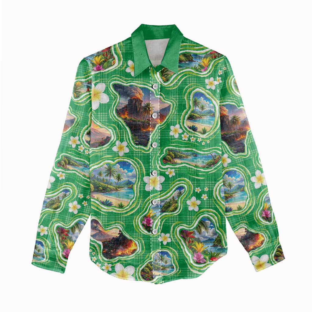 Hawaii Map with Plumeria Flower and Palaka Pattern Women Casual Shirt Tropical Island Green Design LT03 - Polynesian Pride