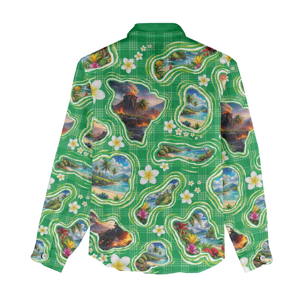 Hawaii Map with Plumeria Flower and Palaka Pattern Women Casual Shirt Tropical Island Green Design LT03 - Polynesian Pride