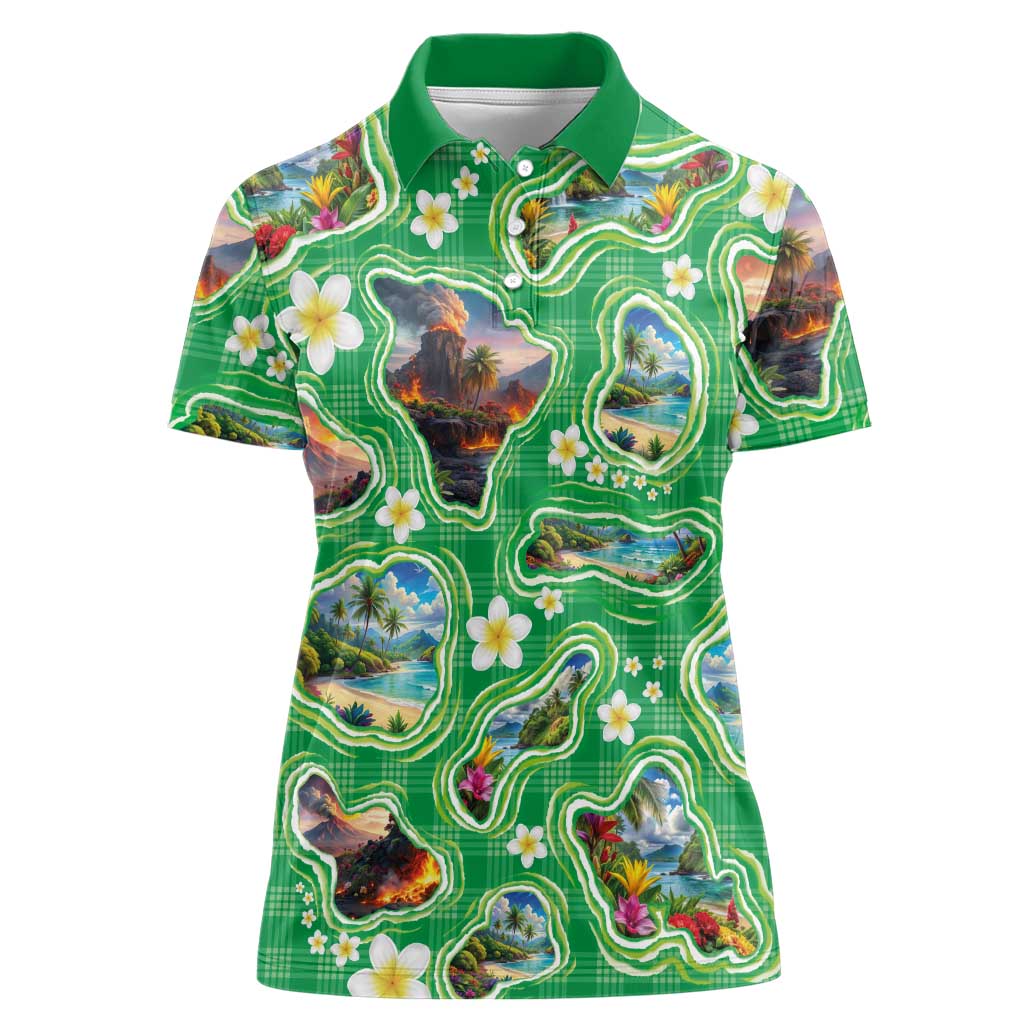 Hawaii Map with Plumeria Flower and Palaka Pattern Women Polo Shirt Tropical Island Green Design LT03 Female Green - Polynesian Pride
