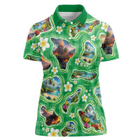 Hawaii Map with Plumeria Flower and Palaka Pattern Women Polo Shirt Tropical Island Green Design