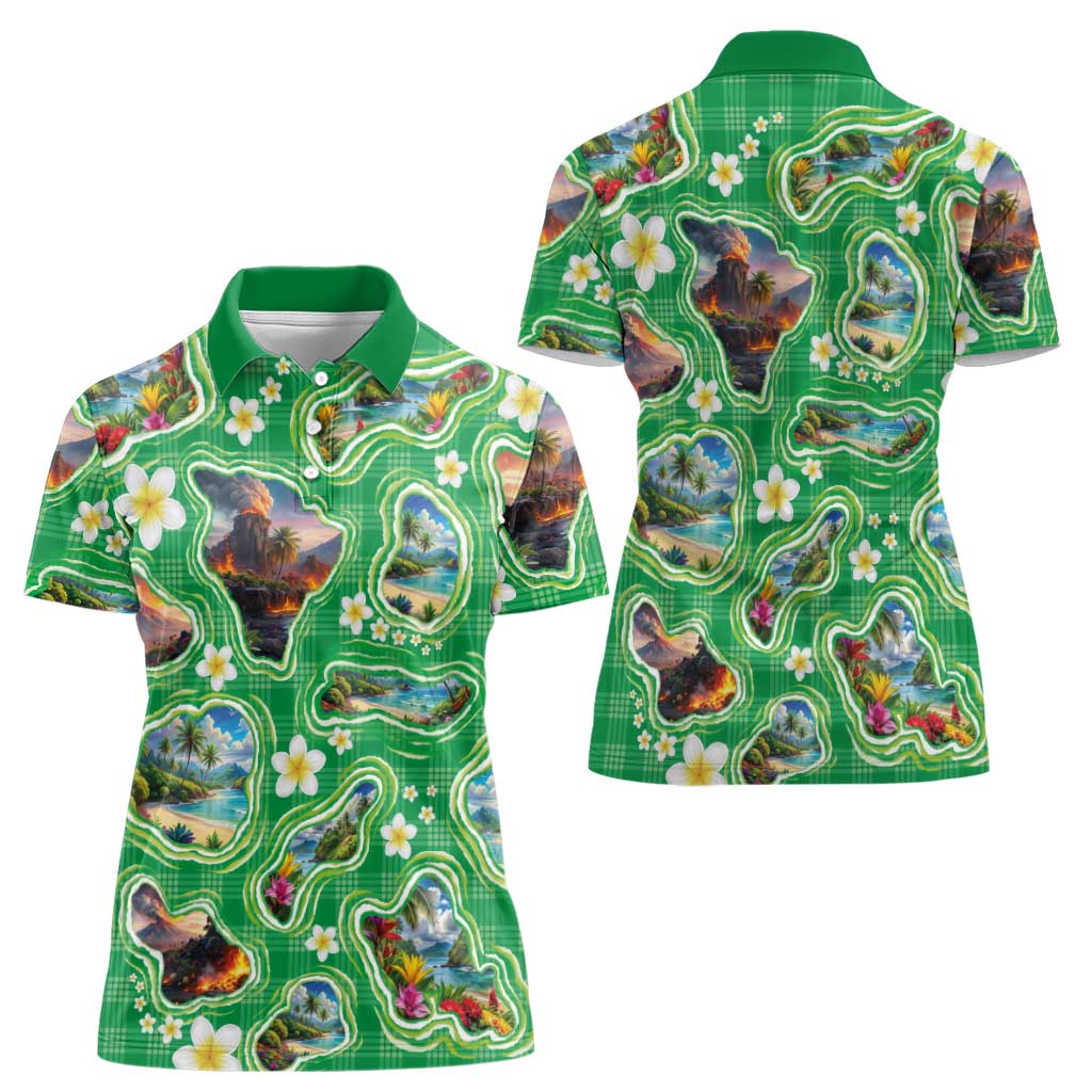 Hawaii Map with Plumeria Flower and Palaka Pattern Women Polo Shirt Tropical Island Green Design