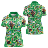 Hawaii Map with Plumeria Flower and Palaka Pattern Women Polo Shirt Tropical Island Green Design