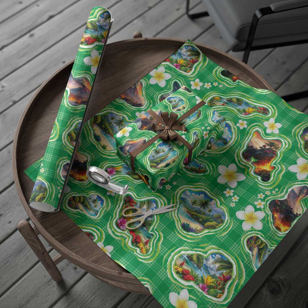 Hawaii Map with Plumeria Flower and Palaka Pattern Wrapping Paper Tropical Island Green Design LT03 - Polynesian Pride