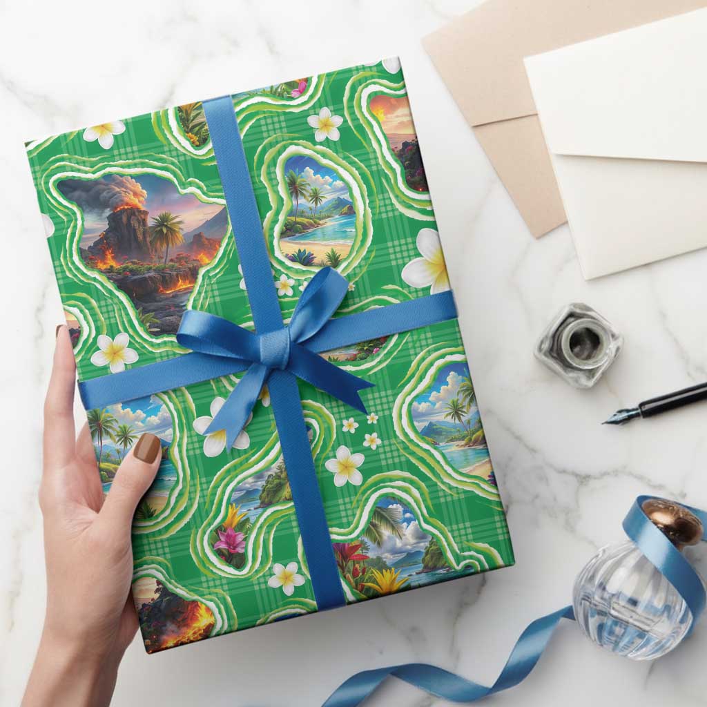 Hawaii Map with Plumeria Flower and Palaka Pattern Wrapping Paper Tropical Island Green Design LT03 - Polynesian Pride