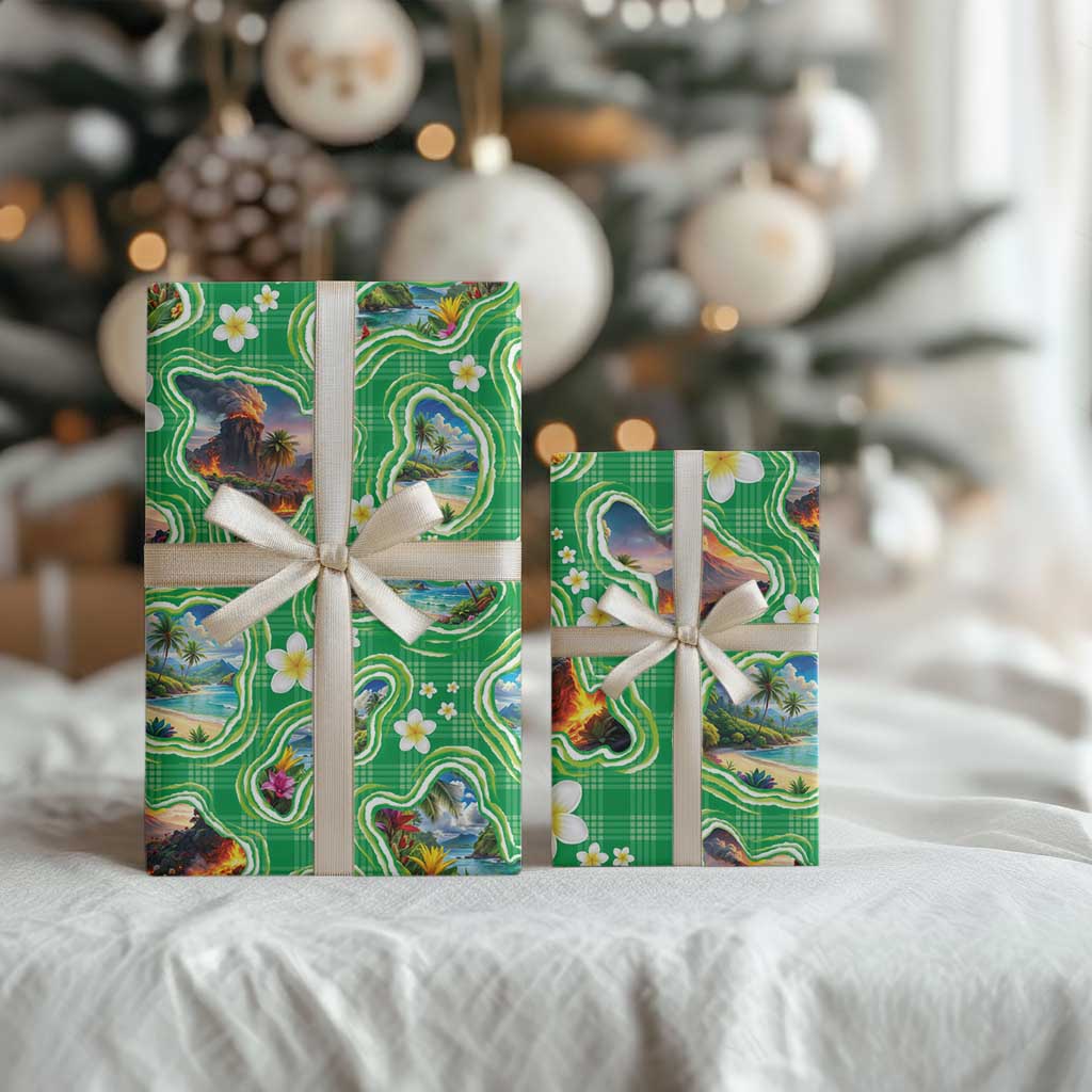 Hawaii Map with Plumeria Flower and Palaka Pattern Wrapping Paper Tropical Island Green Design LT03 - Polynesian Pride