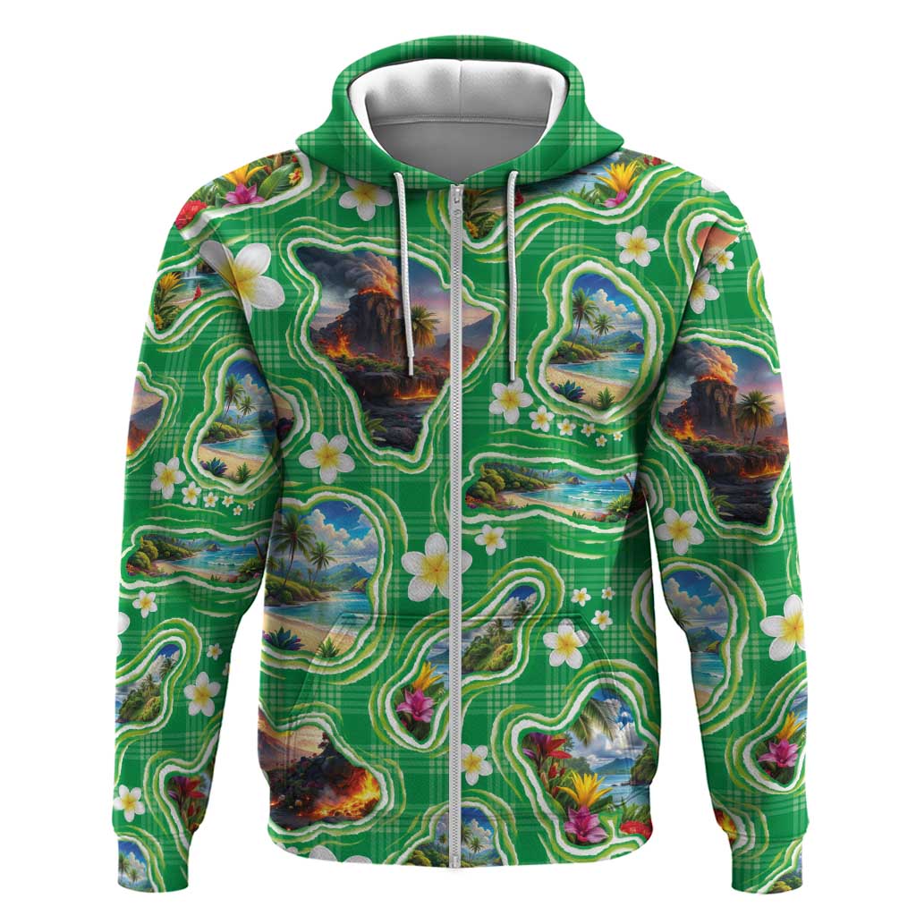 Hawaii Map with Plumeria Flower and Palaka Pattern Zip Hoodie Tropical Island Green Design LT03 Zip Hoodie Green - Polynesian Pride
