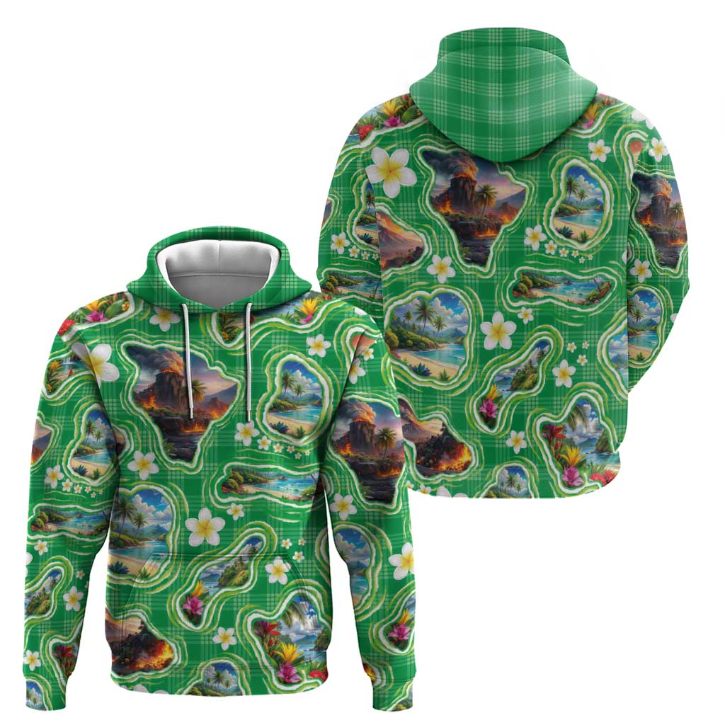 Hawaii Map with Plumeria Flower and Palaka Pattern Zip Hoodie Tropical Island Green Design LT03 - Polynesian Pride