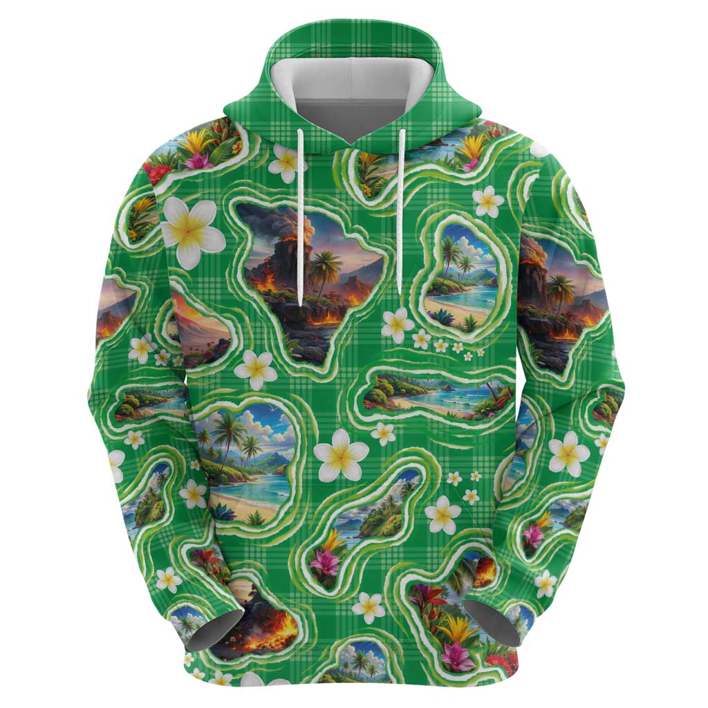 Hawaii Map with Plumeria Flower and Palaka Pattern Zip Hoodie Tropical Island Green Design LT03 - Polynesian Pride