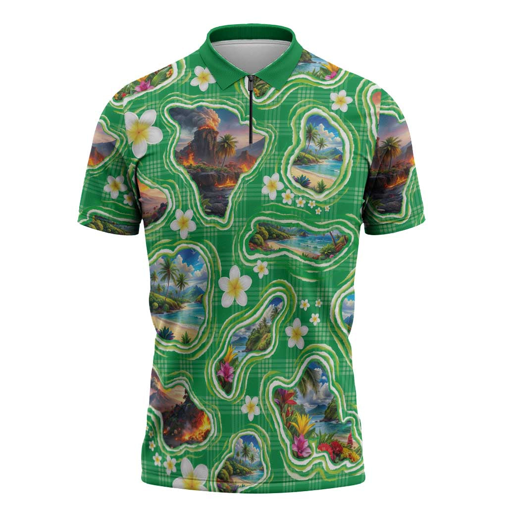 Hawaii Map with Plumeria Flower and Palaka Pattern Zipper Polo Shirt Tropical Island Green Design LT03 Green - Polynesian Pride