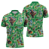 Hawaii Map with Plumeria Flower and Palaka Pattern Zipper Polo Shirt Tropical Island Green Design LT03 - Polynesian Pride