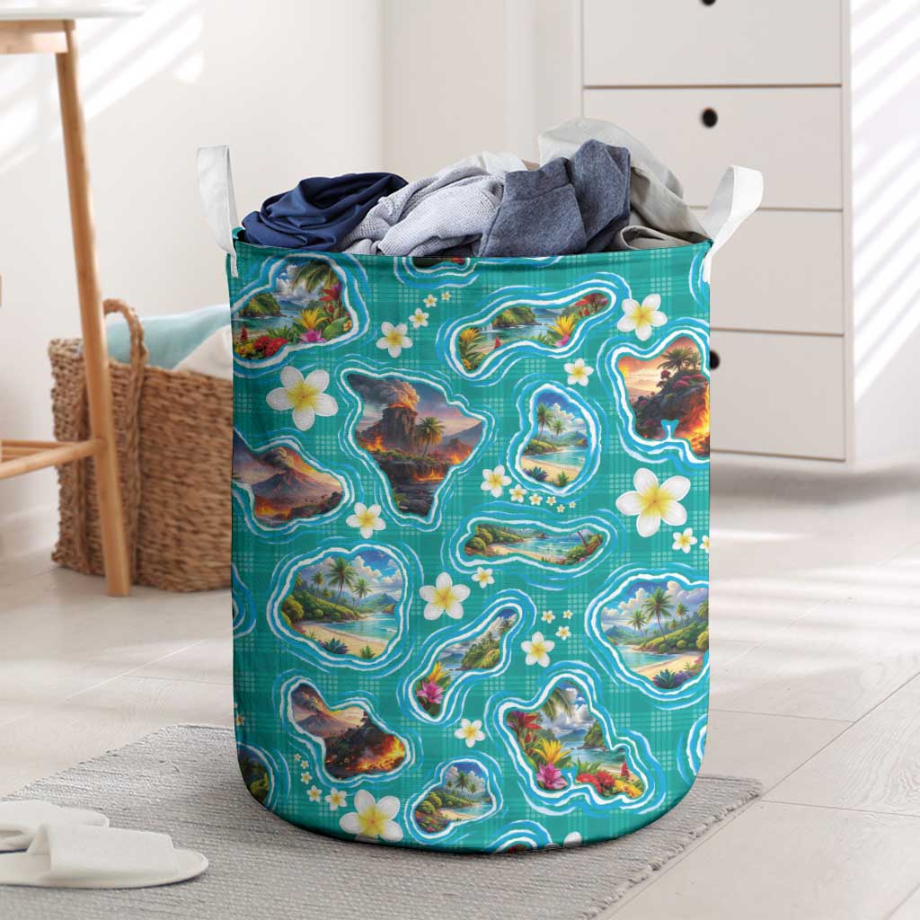 Hawaii Map with Plumeria Flower and Palaka Pattern Laundry Basket Tropical Island Teal Design LT03 Teal - Polynesian Pride