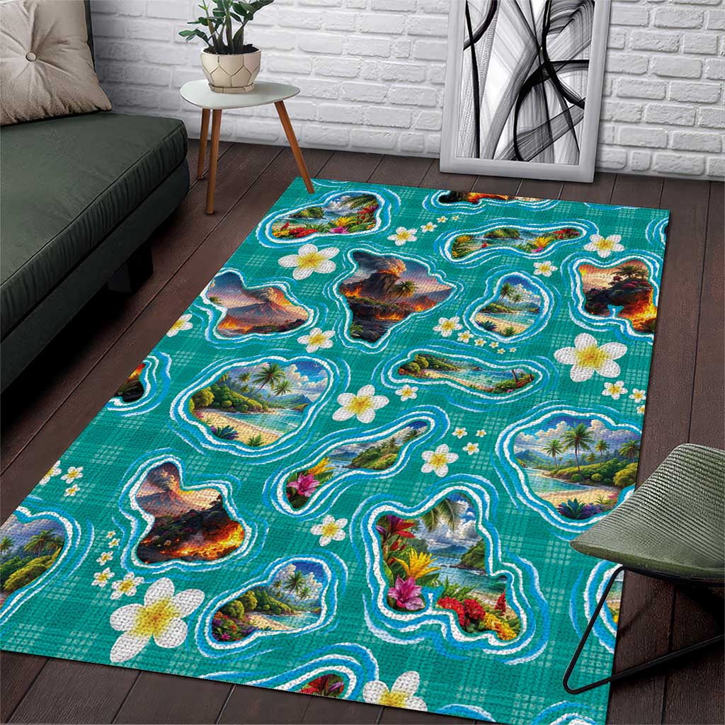 Hawaii Map with Plumeria Flower and Palaka Pattern Area Rug Tropical Island Teal Design LT03 Teal - Polynesian Pride