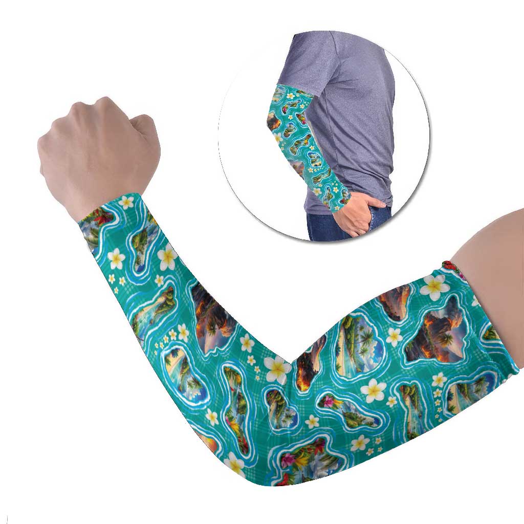 Hawaii Map with Plumeria Flower and Palaka Pattern Arm Sleeves Tropical Island Teal Design LT03 Set of 2 Teal - Polynesian Pride