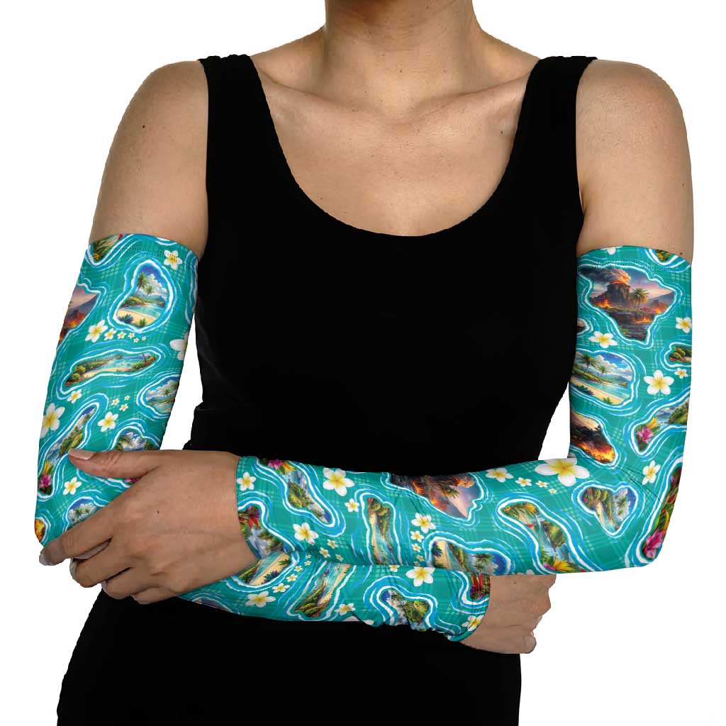 Hawaii Map with Plumeria Flower and Palaka Pattern Arm Sleeves Tropical Island Teal Design LT03 - Polynesian Pride