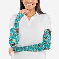 Hawaii Map with Plumeria Flower and Palaka Pattern Arm Sleeves Tropical Island Teal Design LT03 - Polynesian Pride