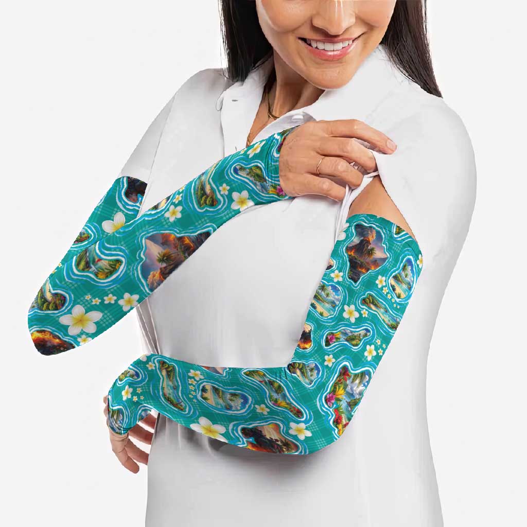 Hawaii Map with Plumeria Flower and Palaka Pattern Arm Sleeves Tropical Island Teal Design LT03 - Polynesian Pride