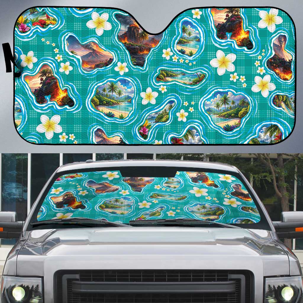 Hawaii Map with Plumeria Flower and Palaka Pattern Auto Sun Shade Tropical Island Teal Design LT03 Teal - Polynesian Pride