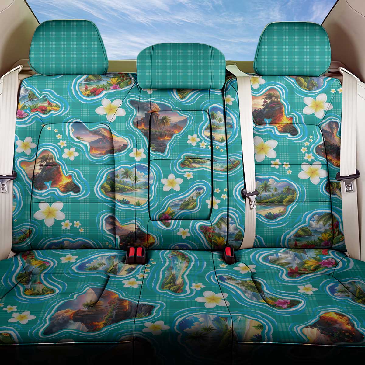 Hawaii Map with Plumeria Flower and Palaka Pattern Back Car Seat Cover Tropical Island Teal Design LT03 One Size Teal - Polynesian Pride