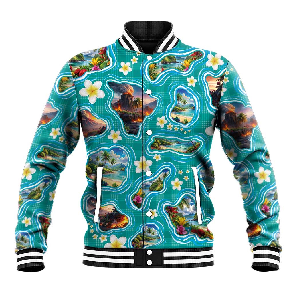 Hawaii Map with Plumeria Flower and Palaka Pattern Baseball Jacket Tropical Island Teal Design LT03 Unisex Teal - Polynesian Pride