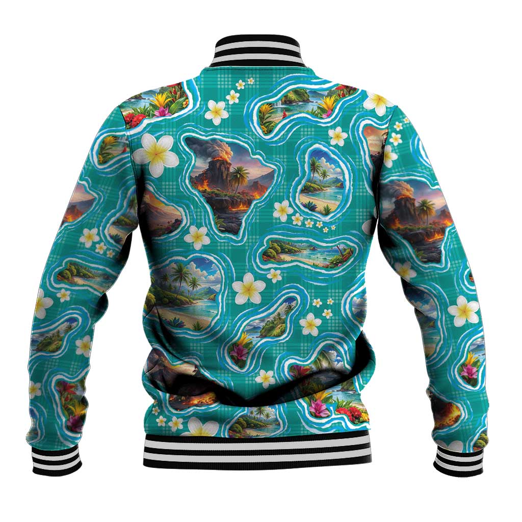 Hawaii Map with Plumeria Flower and Palaka Pattern Baseball Jacket Tropical Island Teal Design LT03 - Polynesian Pride