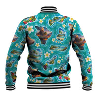 Hawaii Map with Plumeria Flower and Palaka Pattern Baseball Jacket Tropical Island Teal Design LT03 - Polynesian Pride