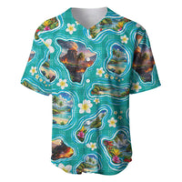 Hawaii Map with Plumeria Flower and Palaka Pattern Baseball Jersey Tropical Island Teal Design