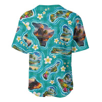 Hawaii Map with Plumeria Flower and Palaka Pattern Baseball Jersey Tropical Island Teal Design