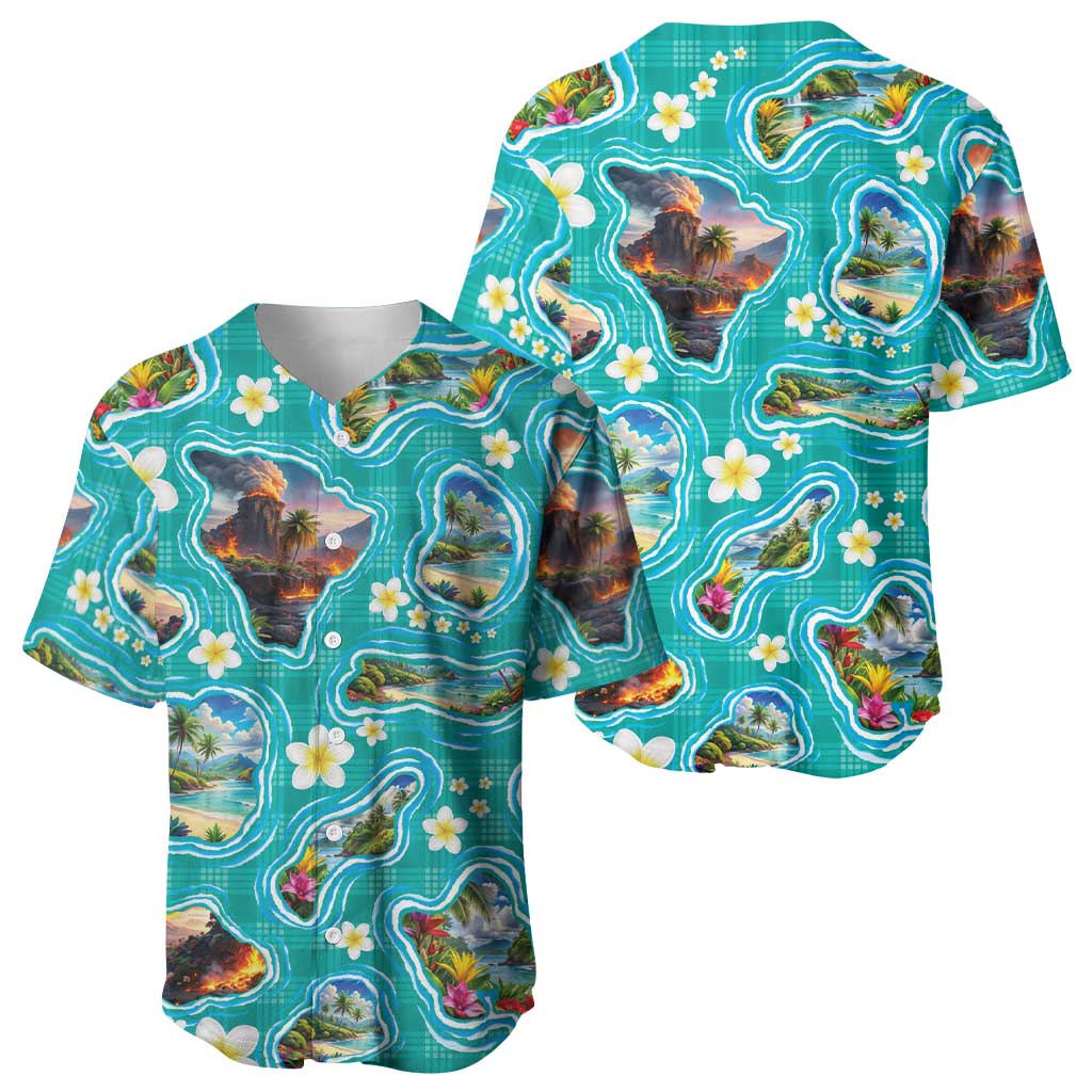 Hawaii Map with Plumeria Flower and Palaka Pattern Baseball Jersey Tropical Island Teal Design