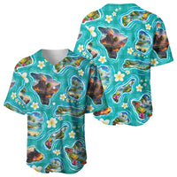 Hawaii Map with Plumeria Flower and Palaka Pattern Baseball Jersey Tropical Island Teal Design