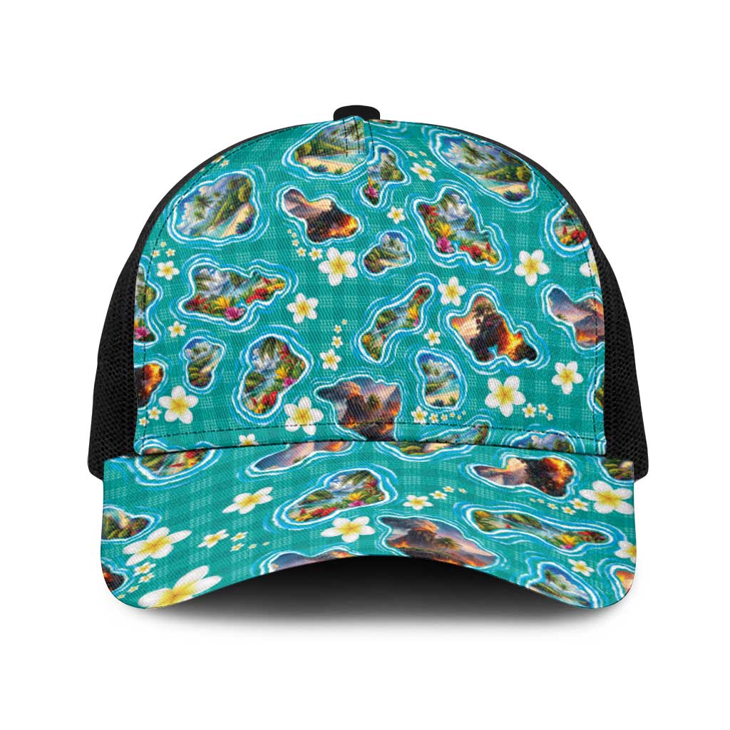 Hawaii Map with Plumeria Flower and Palaka Pattern Baseball Net Cap Tropical Island Teal Design