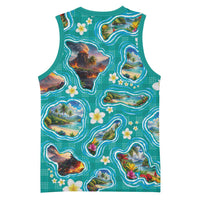Hawaii Map with Plumeria Flower and Palaka Pattern Basketball Jersey Tropical Island Teal Design LT03 - Polynesian Pride