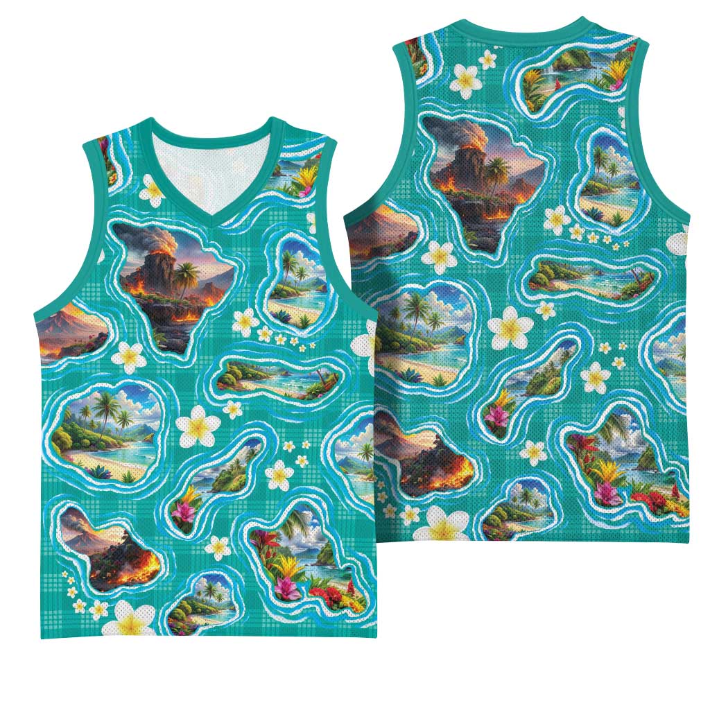 Hawaii Map with Plumeria Flower and Palaka Pattern Basketball Jersey Tropical Island Teal Design LT03 - Polynesian Pride