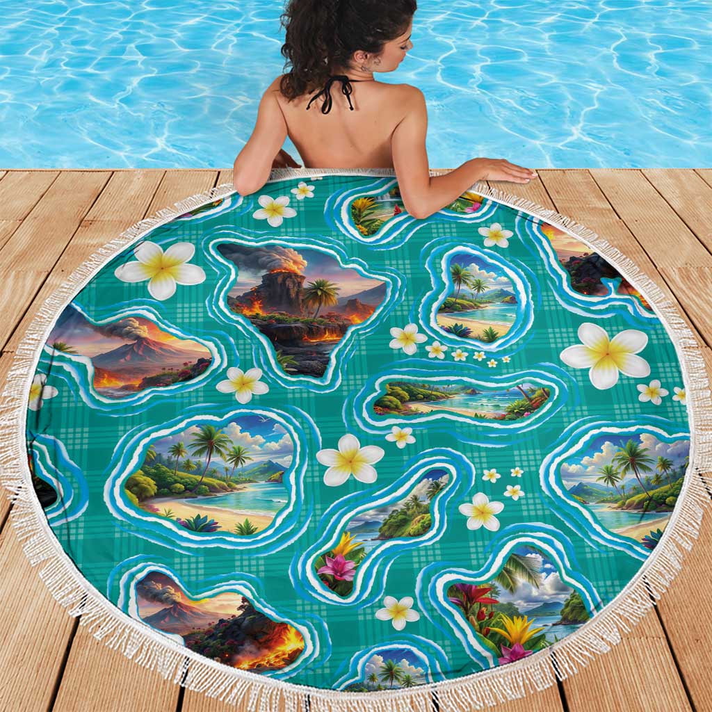 Hawaii Map with Plumeria Flower and Palaka Pattern Beach Blanket Tropical Island Teal Design LT03 - Polynesian Pride