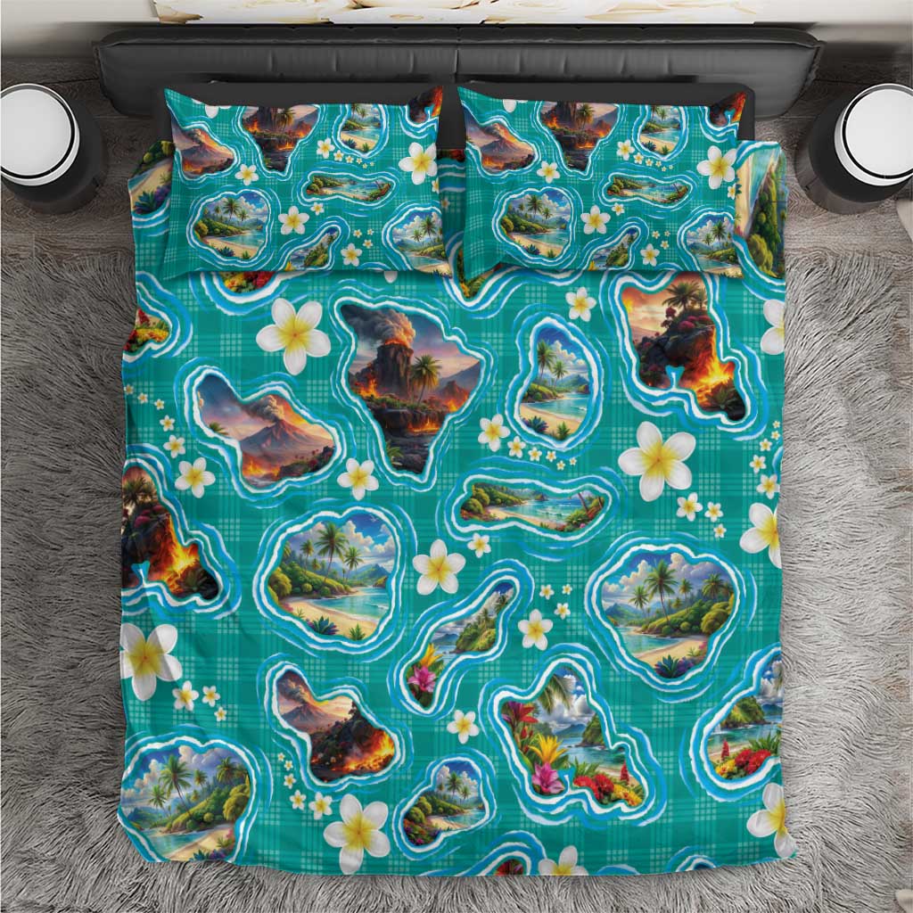 Hawaii Map with Plumeria Flower and Palaka Pattern Bedding Set Tropical Island Teal Design LT03 Teal - Polynesian Pride