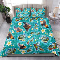 Hawaii Map with Plumeria Flower and Palaka Pattern Bedding Set Tropical Island Teal Design LT03 - Polynesian Pride