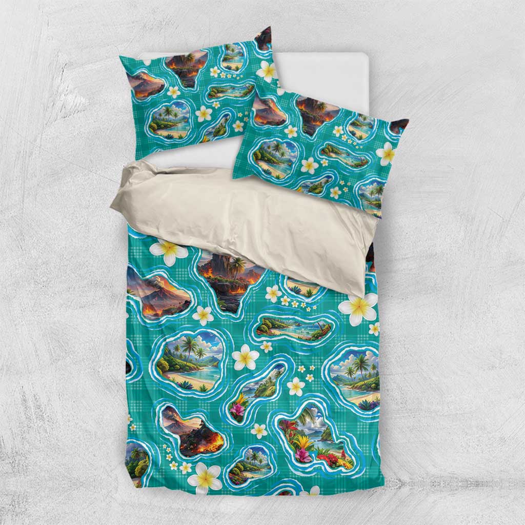 Hawaii Map with Plumeria Flower and Palaka Pattern Bedding Set Tropical Island Teal Design LT03 US Twin 172cm x 218cm Teal - Polynesian Pride