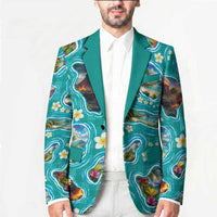 Hawaii Map with Plumeria Flower and Palaka Pattern Blazer Tropical Island Teal Design LT03 - Polynesian Pride