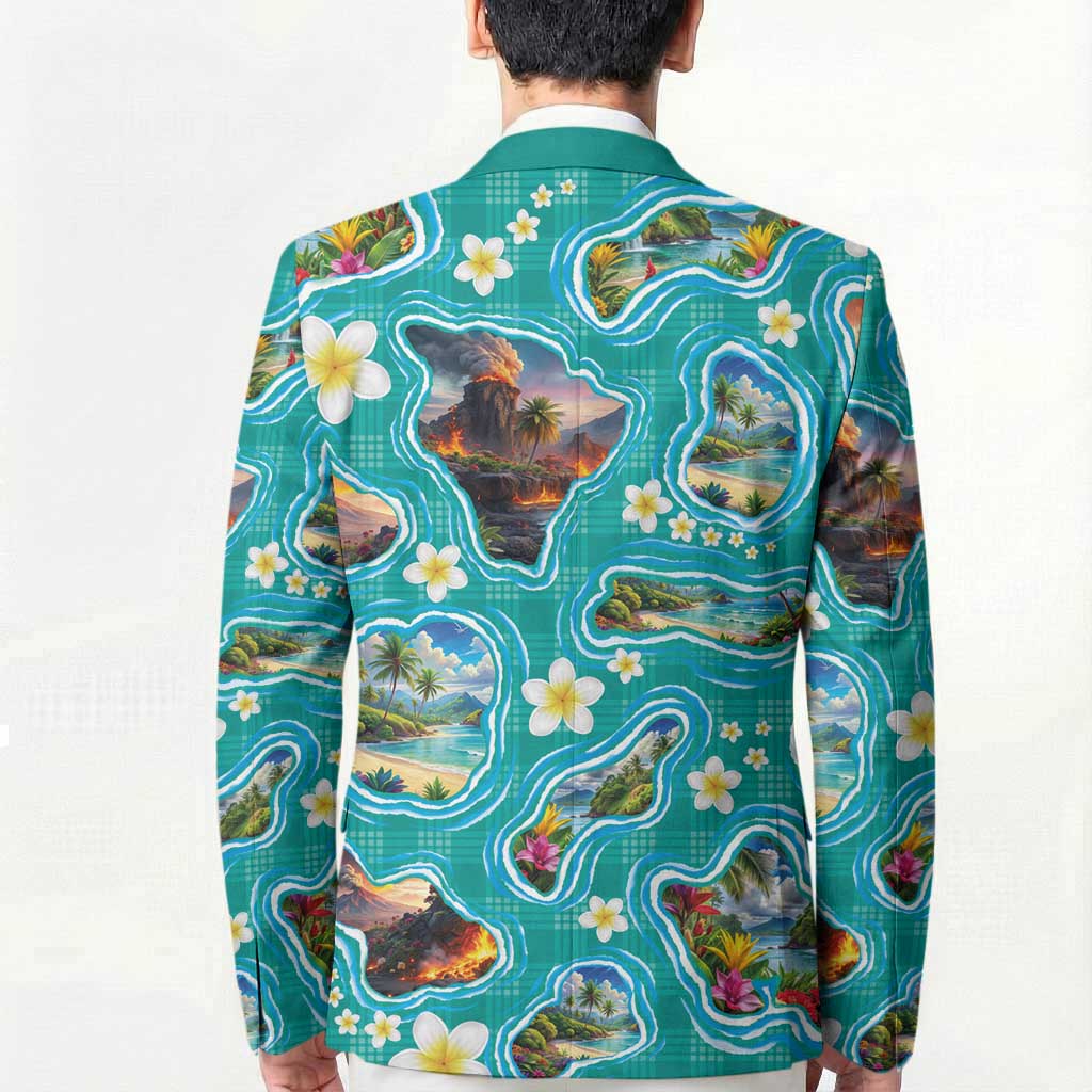 Hawaii Map with Plumeria Flower and Palaka Pattern Blazer Tropical Island Teal Design LT03 - Polynesian Pride