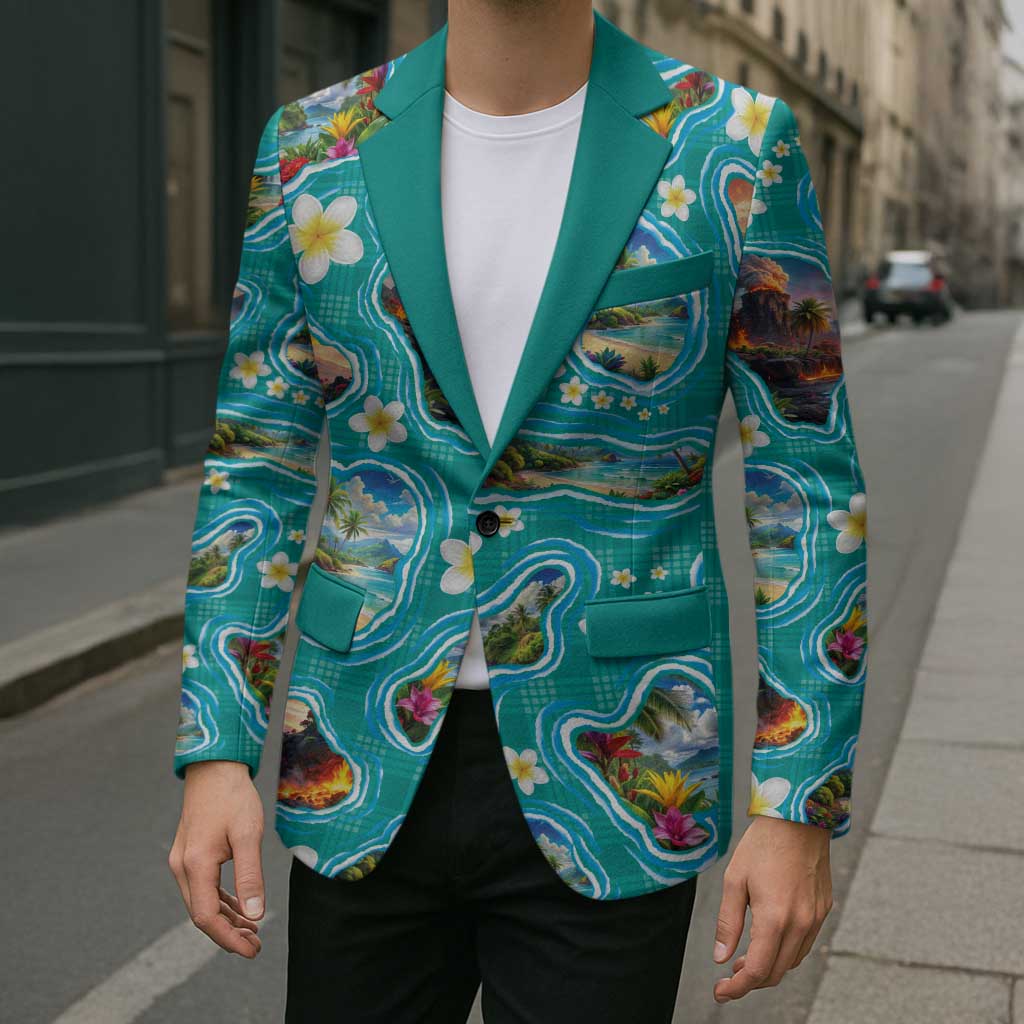 Hawaii Map with Plumeria Flower and Palaka Pattern Blazer Tropical Island Teal Design LT03 - Polynesian Pride