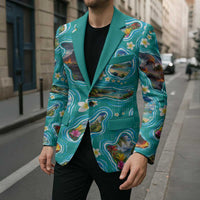 Hawaii Map with Plumeria Flower and Palaka Pattern Blazer Tropical Island Teal Design LT03 - Polynesian Pride