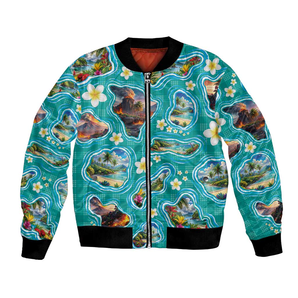 Hawaii Map with Plumeria Flower and Palaka Pattern Bomber Jacket Tropical Island Teal Design LT03 Unisex Teal - Polynesian Pride