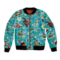 Hawaii Map with Plumeria Flower and Palaka Pattern Bomber Jacket Tropical Island Teal Design LT03 Unisex Teal - Polynesian Pride