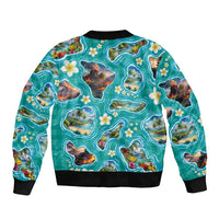 Hawaii Map with Plumeria Flower and Palaka Pattern Bomber Jacket Tropical Island Teal Design LT03 - Polynesian Pride