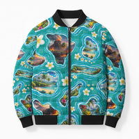 Hawaii Map with Plumeria Flower and Palaka Pattern Bomber Puffer Jacket Tropical Island Teal Design LT03 Unisex Teal - Polynesian Pride