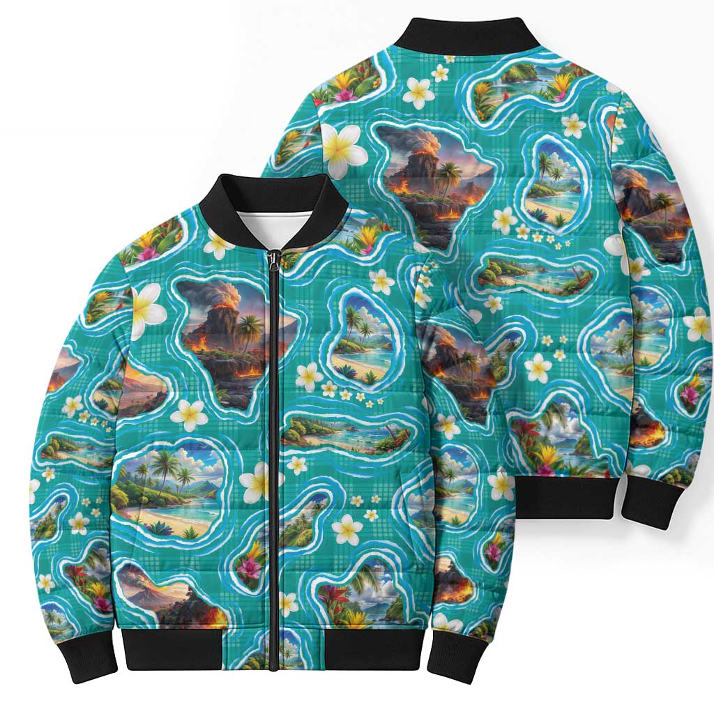 Hawaii Map with Plumeria Flower and Palaka Pattern Bomber Puffer Jacket Tropical Island Teal Design LT03 - Polynesian Pride