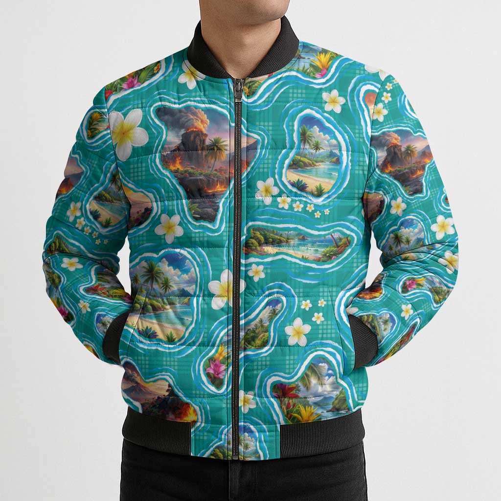 Hawaii Map with Plumeria Flower and Palaka Pattern Bomber Puffer Jacket Tropical Island Teal Design LT03 - Polynesian Pride