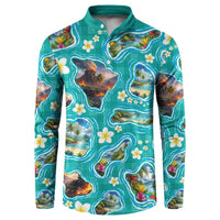 Hawaii Map with Plumeria Flower and Palaka Pattern Button Sweatshirt Tropical Island Teal Design LT03 Teal - Polynesian Pride