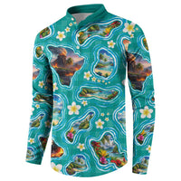 Hawaii Map with Plumeria Flower and Palaka Pattern Button Sweatshirt Tropical Island Teal Design LT03 - Polynesian Pride